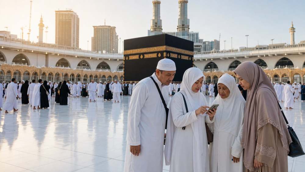 صورة تعبيرية لضيوف يستخدمون الهاتف في الحرم